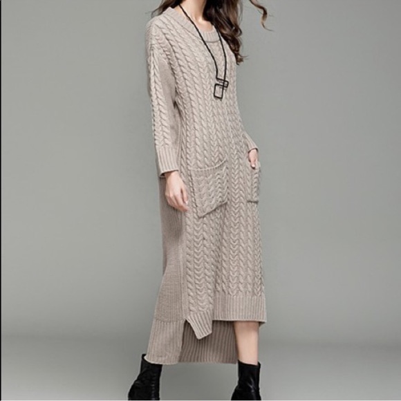 Coeur de Vague Dresses & Skirts - Beige Oatmeal Cable Knit Hi-Low Sweater Dress
